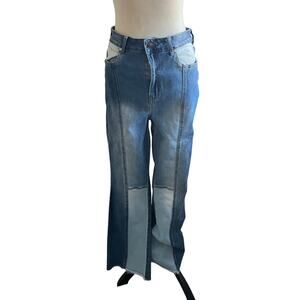 Madden NYC Junior's Patchwork ULTRA High Rise Flare Boot Cut Blue Jeans Sz 11